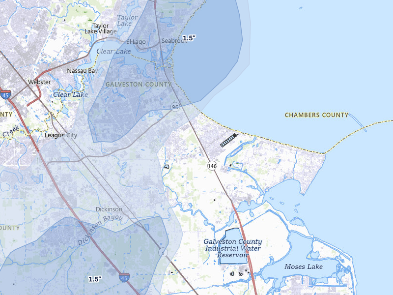 NEXRAD radar-signature map of the hail storm over League City, TX on Jul 22, 2026