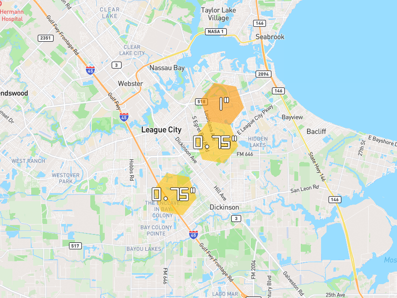 Hail map of League City, TX on Jul 23, 2026, hail up to 1"