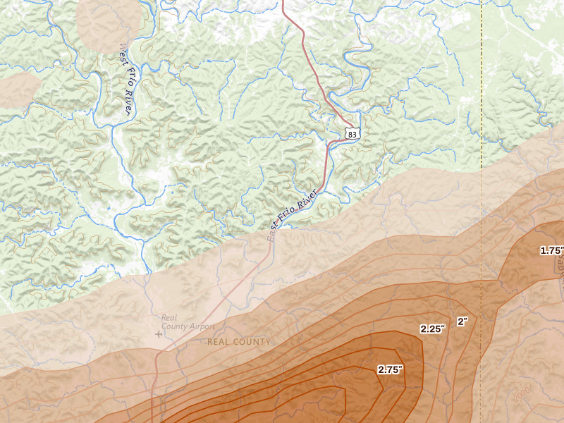 Radar-estimated hail-size map of the storm over Leakey, TX on Mar 10, 2026