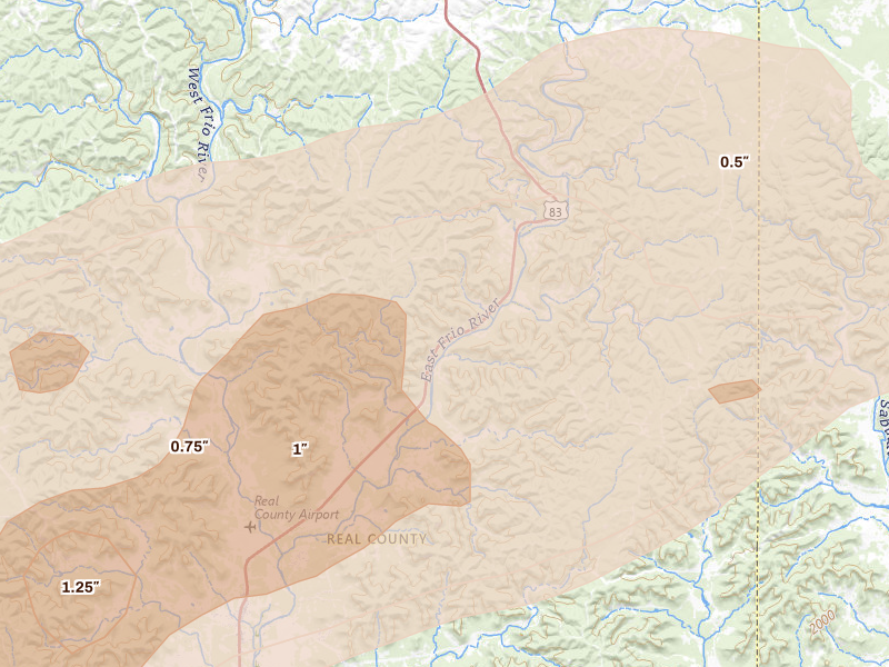 Radar-estimated hail-size map of the storm over Leakey, TX on Apr 14, 2026