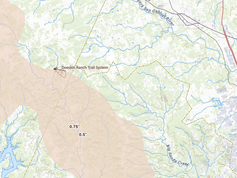 Radar-estimated hail-size map of the storm over Leander, TX on May 19, 2026