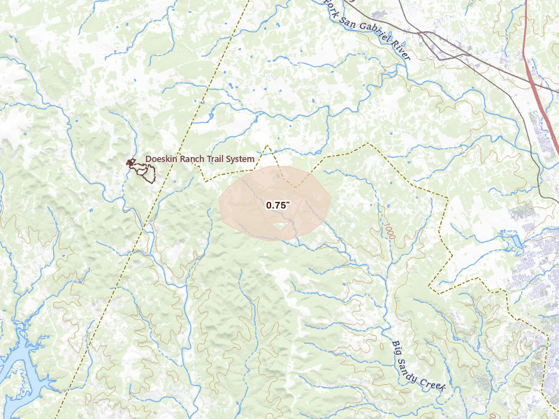 Radar-estimated hail-size map of the storm over Leander, TX on Jun 2, 2026