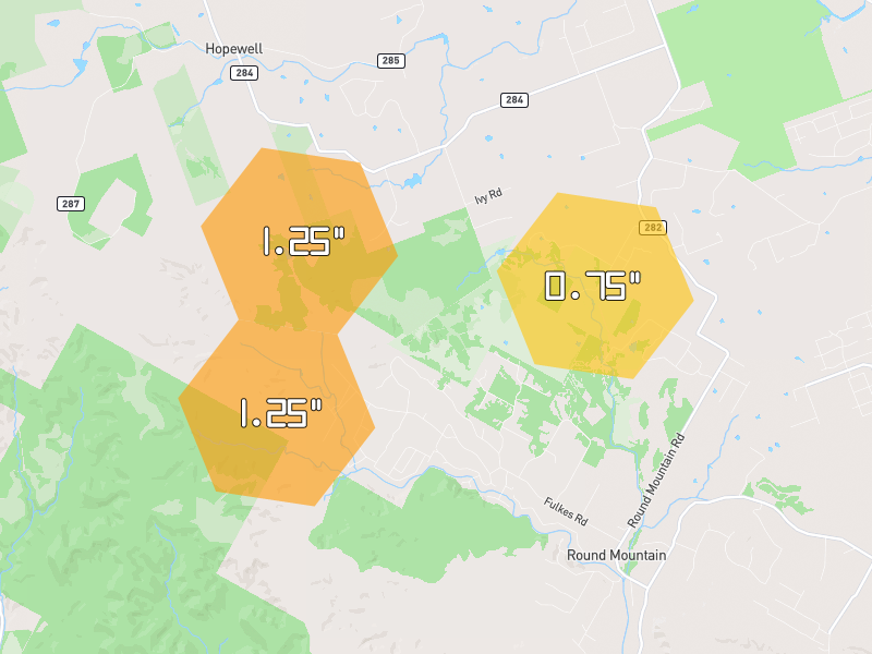 Hail map of Leander, TX on Jun 2, 2026, hail up to 1.25"