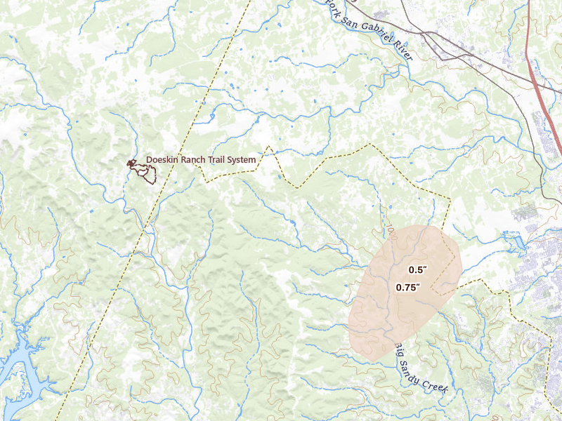 Radar-estimated hail-size map of the storm over Leander, TX on Jun 19, 2026