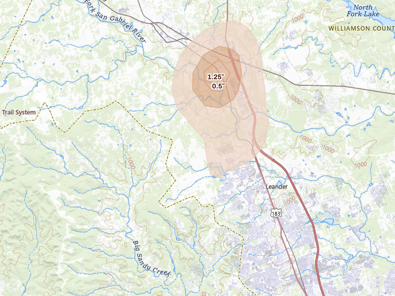 Radar-estimated hail-size map of the storm over Leander, TX on Aug 28, 2026