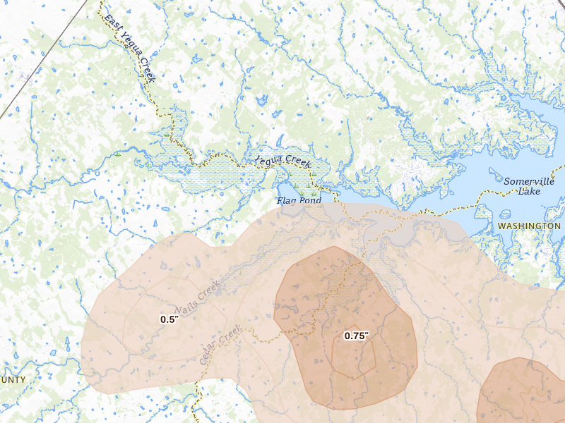 Radar-estimated hail-size map of the storm over Ledbetter, TX on May 10, 2026