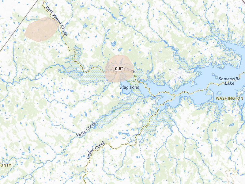 Radar-estimated hail-size map of the storm over Ledbetter, TX on Aug 27, 2026