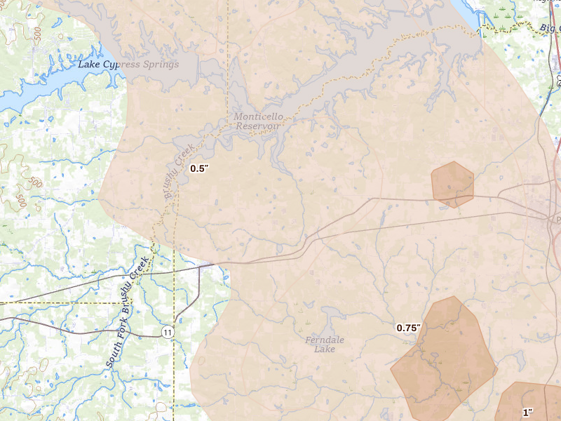 Radar-estimated hail-size map of the storm over Leesburg, TX on Apr 24, 2026