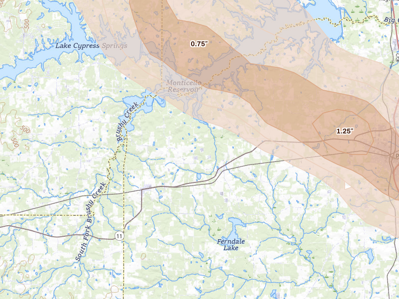 Radar-estimated hail-size map of the storm over Leesburg, TX on Jun 23, 2026