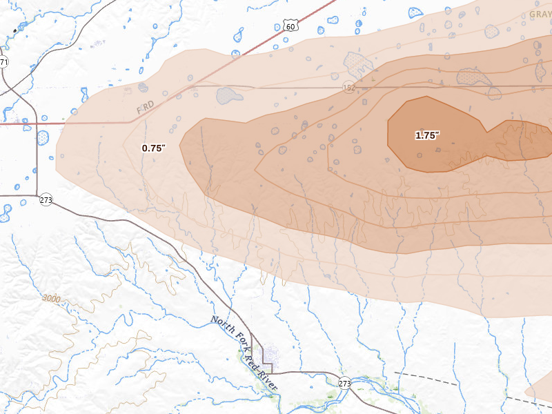 Radar-estimated hail-size map of the storm over Lefors, TX on Jun 25, 2026