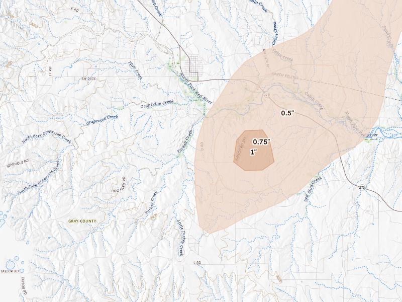 Radar-estimated hail-size map of the storm over Lefors, TX