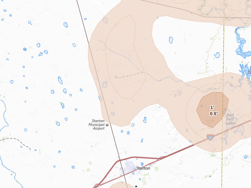 Radar-estimated hail-size map of the storm over Lenorah, TX on May 23, 2026