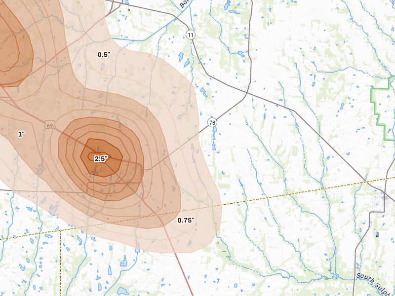 Radar-estimated hail-size map of the storm over Leonard, TX on Apr 25, 2026
