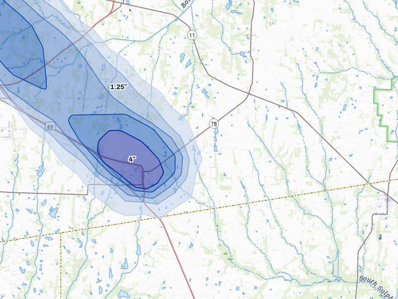 NEXRAD radar-signature map of the hail over Leonard, TX