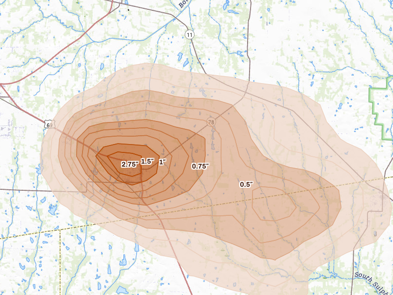 Radar-estimated hail-size map of the storm over Leonard, TX on Apr 26, 2026