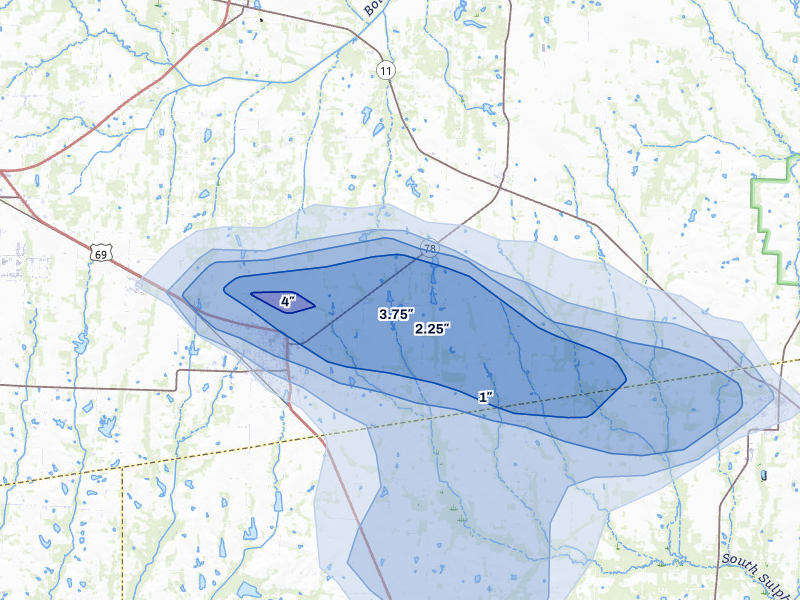 NEXRAD radar-signature map of the hail over Leonard, TX