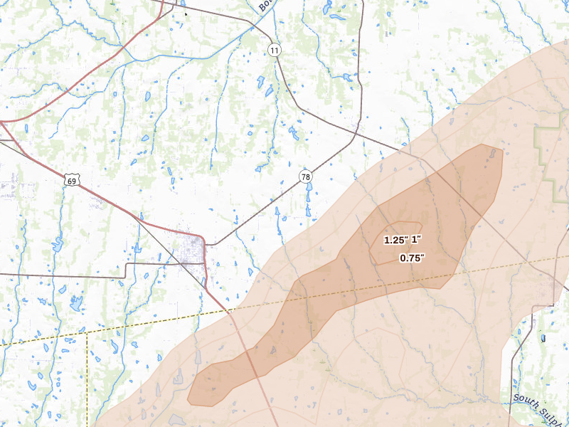 Radar-estimated hail-size map of the storm over Leonard, TX on Apr 27, 2026