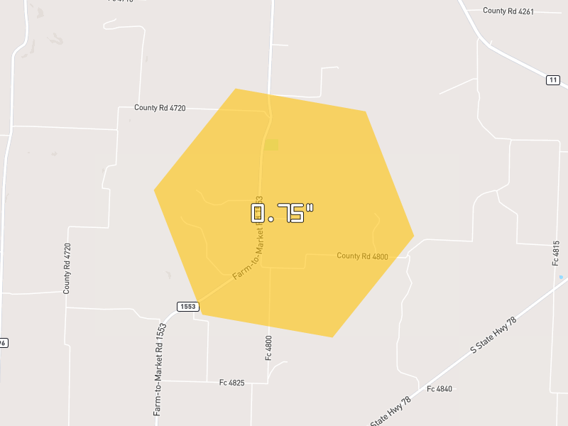 Hail map of Leonard, TX on Jul 7, 2026, hail up to 0.75"