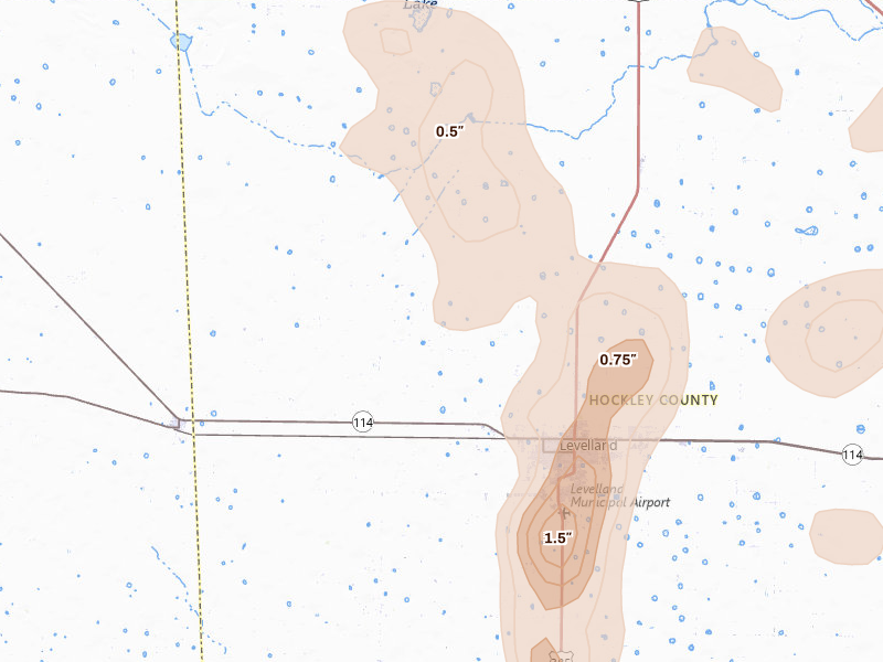 Radar-estimated hail-size map of the storm over Levelland, TX on May 23, 2026