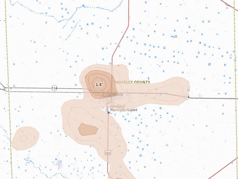 Radar-estimated hail-size map of the storm over Levelland, TX on Jun 11, 2026