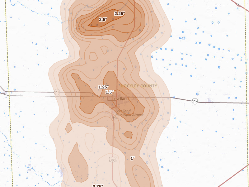 Radar-estimated hail-size map of the storm over Levelland, TX on Jun 23, 2026
