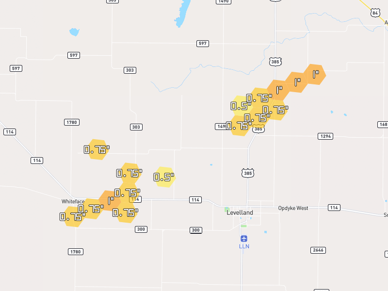 Hail map of Levelland, TX on Jun 30, 2026, hail up to 1"