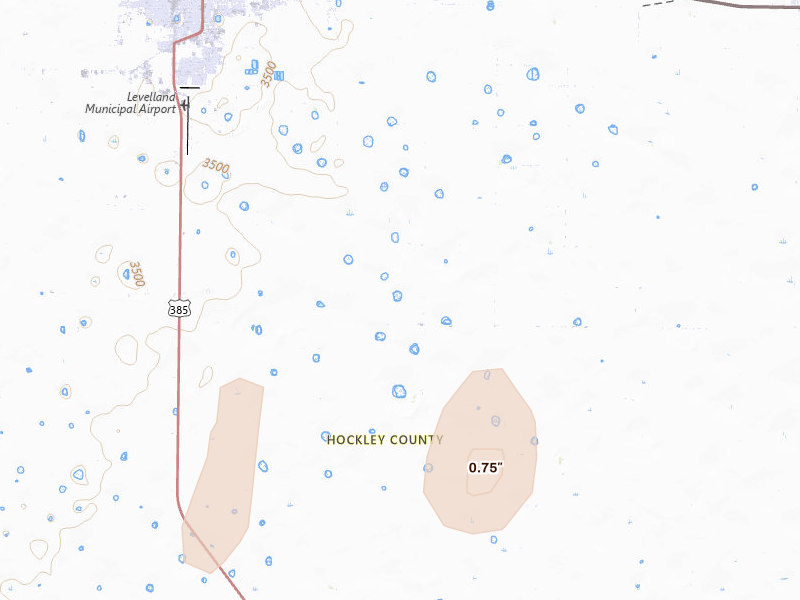 Radar-estimated hail-size map of the storm over Levelland, TX on Aug 13, 2026