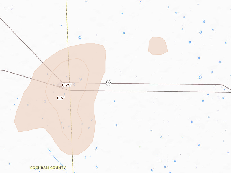 Radar-estimated hail-size map of the storm over Levelland, TX on Aug 14, 2026
