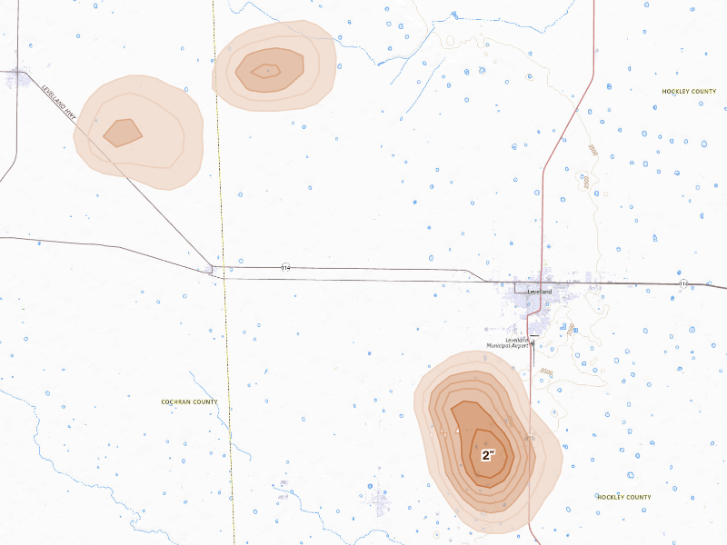 Radar-estimated hail-size map of the storm over Levelland, TX on Sep 21, 2026