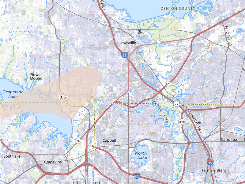 Radar-estimated hail-size map of the storm over Lewisville, TX on Mar 4, 2026