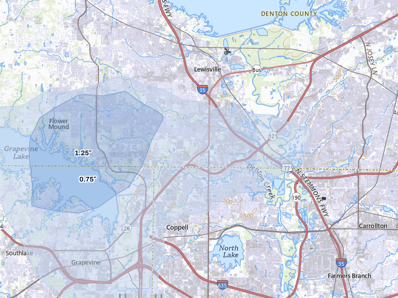 NEXRAD radar-signature map of the hail storm over Lewisville, TX on Mar 4, 2026