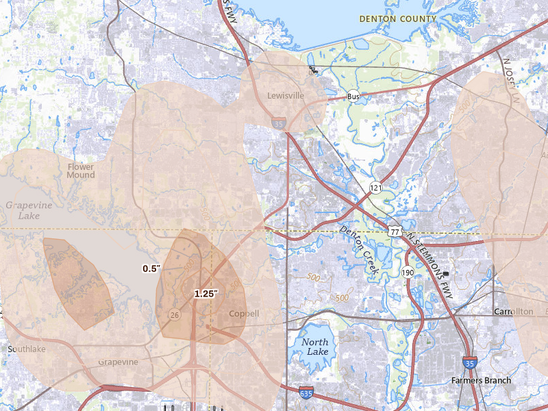 Radar-estimated hail-size map of the storm over Lewisville, TX on May 22, 2026