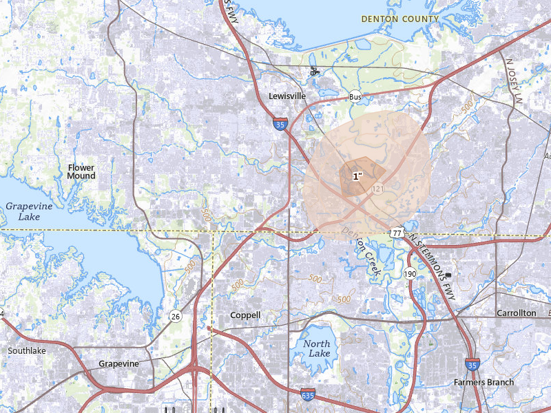 Radar-estimated hail-size map of the storm over Lewisville, TX on Jul 6, 2026
