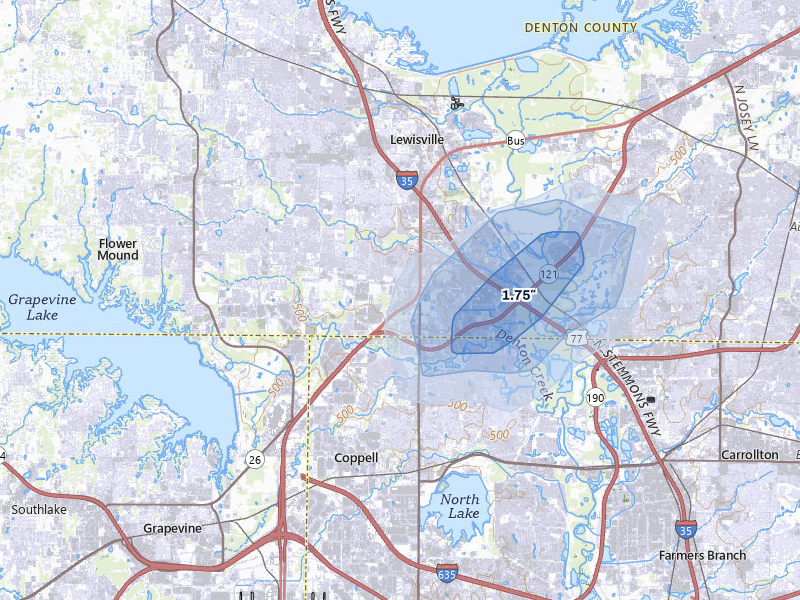 NEXRAD radar-signature map of the hail storm over Lewisville, TX on Jul 6, 2026