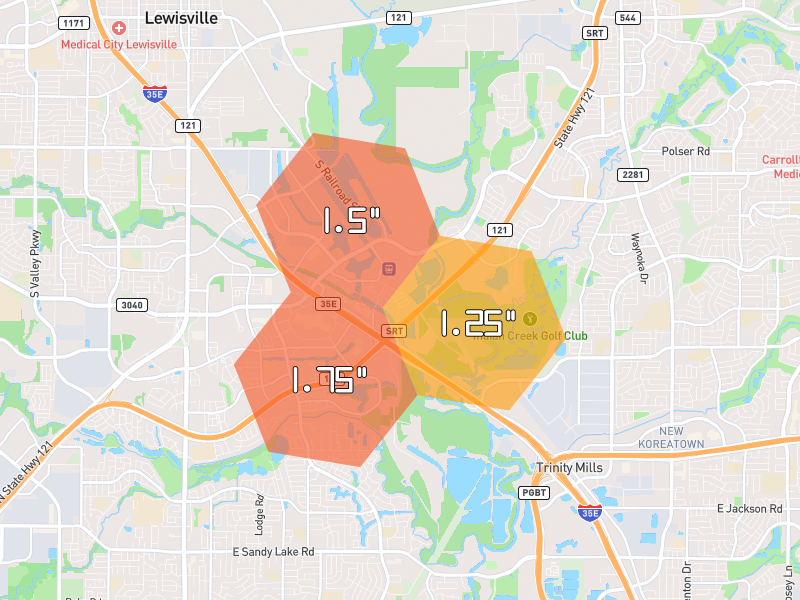 Hail map of Lewisville, TX on Jul 7, 2026, hail up to 1.75"