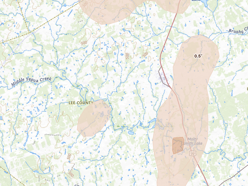 Radar-estimated hail-size map of the storm over Lexington, TX on May 10, 2026