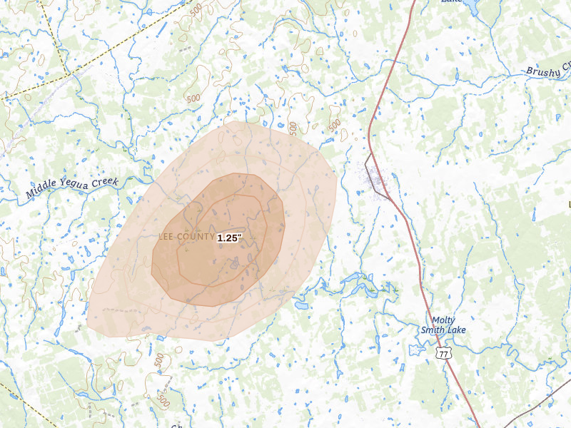 Radar-estimated hail-size map of the storm over Lexington, TX on Jun 2, 2026