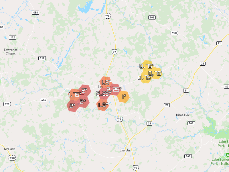 Hail map of Lexington, TX on Jun 2, 2026, hail up to 2.25"