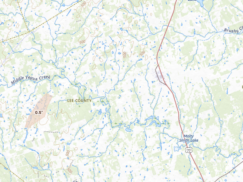 Radar-estimated hail-size map of the storm over Lexington, TX on Jun 6, 2026