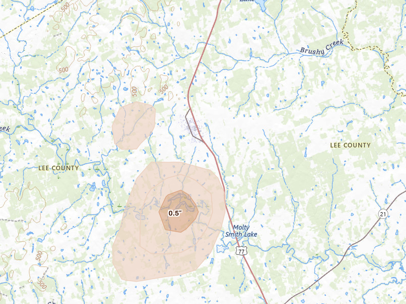 Radar-estimated hail-size map of the storm over Lexington, TX on Aug 28, 2026
