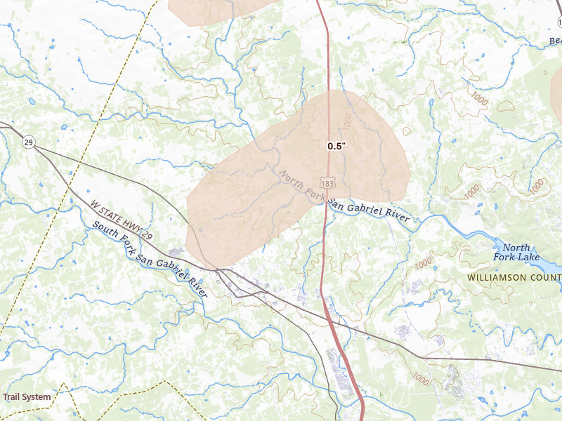 Radar-estimated hail-size map of the storm over Liberty Hill, TX on May 10, 2026