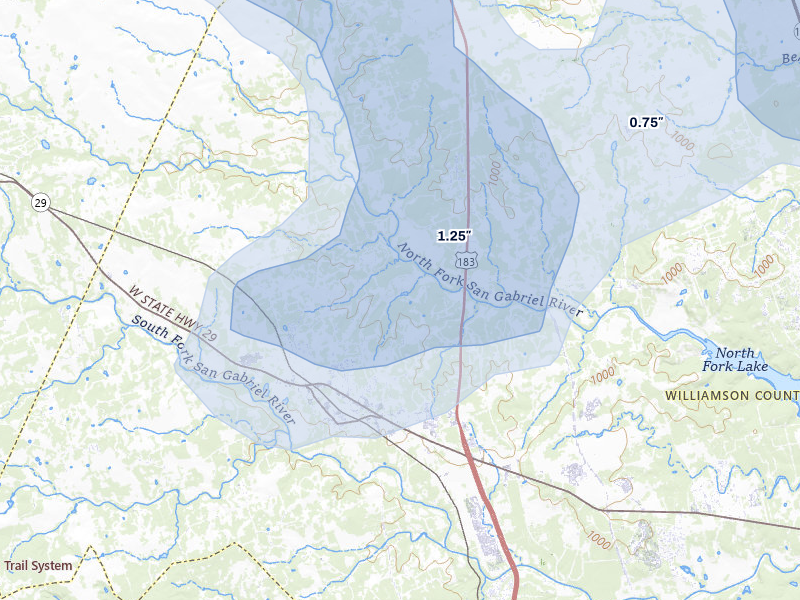 NEXRAD radar-signature map of the hail storm over Liberty Hill, TX on May 10, 2026