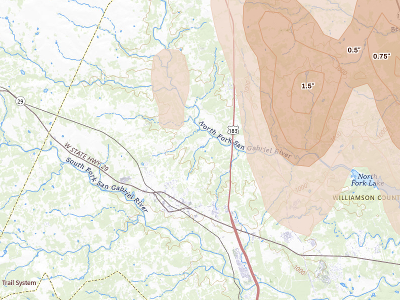 Radar-estimated hail-size map of the storm over Liberty Hill, TX on May 26, 2026
