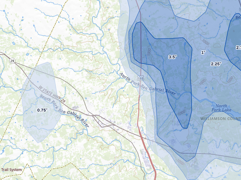 NEXRAD radar-signature map of the hail over Liberty Hill, TX