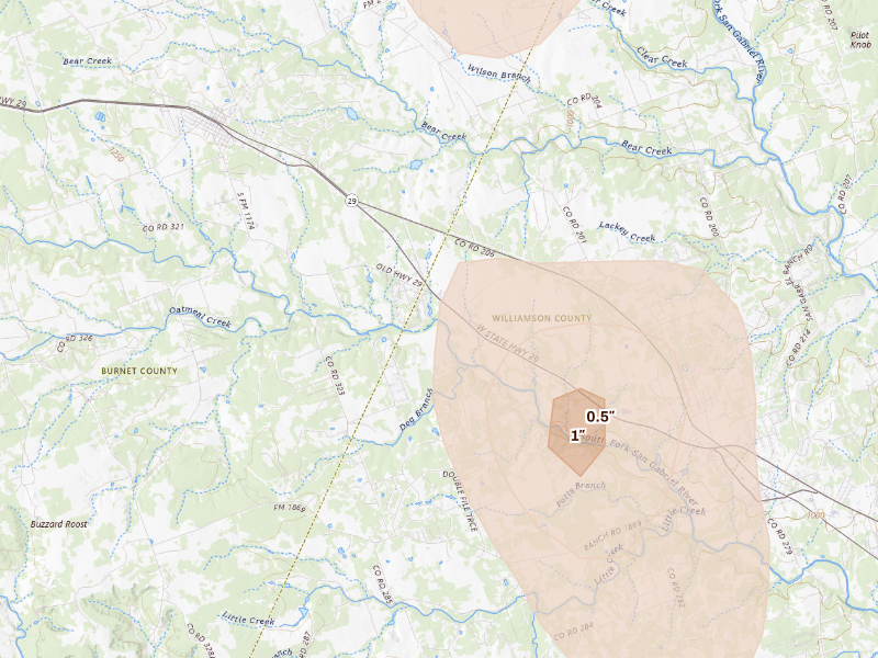 Radar-estimated hail-size map of the storm over Liberty Hill, TX on Sep 27, 2026