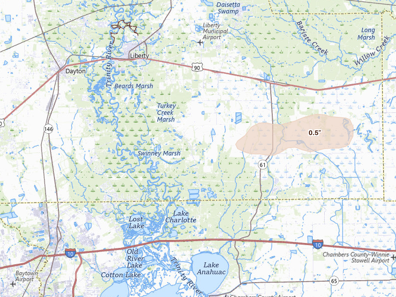 Radar-estimated hail-size map of the storm over Liberty, TX on Mar 7, 2026