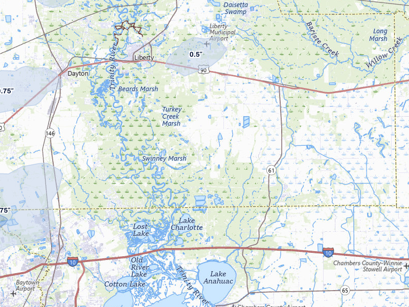 NEXRAD radar-signature map of the hail storm over Liberty, TX on Mar 7, 2026