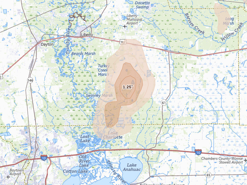 Radar-estimated hail-size map of the storm over Liberty, TX on May 9, 2026