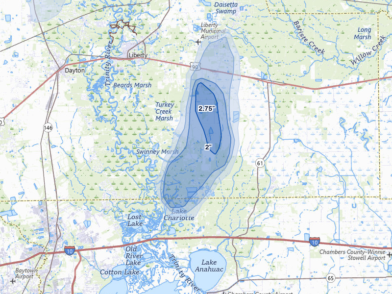 NEXRAD radar-signature map of the hail over Liberty, TX