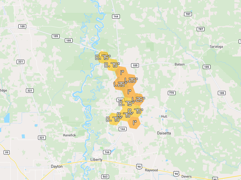 Hail map of Liberty, TX on Jul 7, 2026, hail up to 1.25"